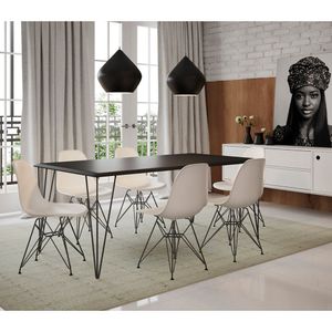 Mesa Sala De Jantar Industrial Preta 135X75 Com 6 Cadeiras Brancas De Ferro Preto