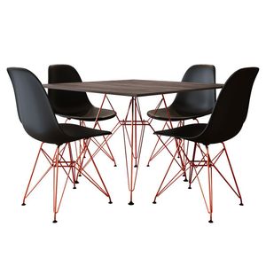 Mesa Jantar Quadrada Com 4 Cadeiras Pretas Eames Eiffel Base De Ferro Cobre Tampo Amêndoa 90Cm