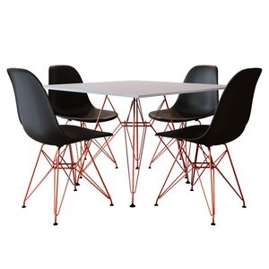 Mesa De Jantar Eames Eiffel Quadrada Branca 90Cm Com 4 Cadeiras Pretas Base Ferro Cobre