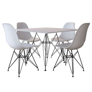 Mesa De Jantar Eames Eiffel Quadrada Branca 90Cm Com 4 Cadeiras Brancas Base Ferro Preto