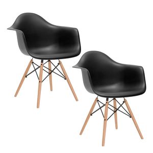 Kit 2 Poltronas Eames De Madeira Com Braço Daw Com Assento Preto
