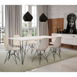 Conjunto De Mesa De Ferro Preto Tampo Branco 135X75 6 Cadeiras Assento Branco