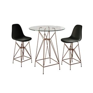 Jogo Mesa Bistrô Eames Eiffel Vidro 60Cm 2 Banquetas Preta Base Ferro Cobre - Cor: Branco