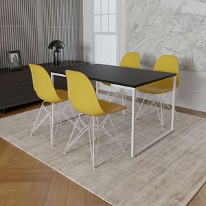 Mesa Industrial Base Ferro Branco 137X90 Tampo Preto 4 Cadeiras Eiffel Ferro Branco Assento Amarelo