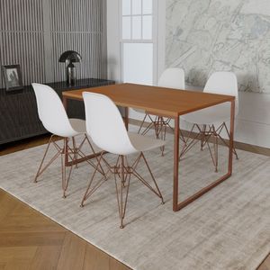 Mesa Industrial Base Ferro Cobre Tampo 137X90 Canela 4 Cadeiras Ferro Cobre Assento Branco