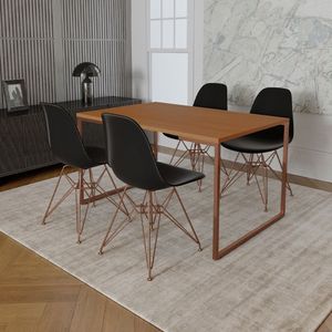 Mesa Industrial Base Ferro Cobre Tampo 137X90 Canela 4 Cadeiras Ferro Cobre Assento Preto