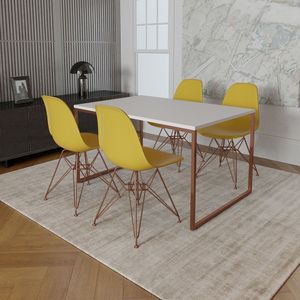 Mesa Industrial Base Ferro Cobre 137X90 Tampo Branco 4 Cadeiras Eiffel Ferro Cobre Assento Amarelo