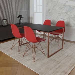 Mesa Industrial Base Ferro Cobre 137X90 Tampo Preto 4 Cadeiras Eiffel Ferro Cobre Assento Vermelho