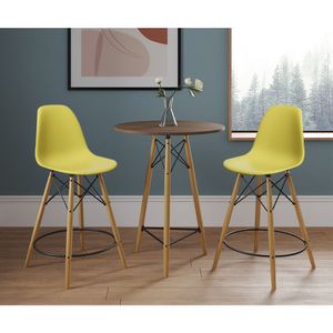 Mesa Bistrô Eames Eiffel Amêndoa Com 2 Banquetas Amarelas De Madeira