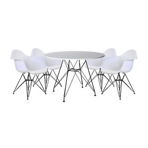 Mesa De Jantar Redonda 90Cm Branca Com 4 Poltronas Brancas Ferro Preto Branco