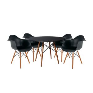 Mesa De Jantar Redonda Em Madeira 110Cm Preta Com 4 Poltronas Pretas Preto