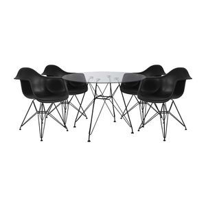 Mesa De Vidro Redonda 90Cm Com 4 Poltronas Pretas Ferro Preto Preto