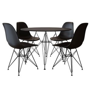 Jogo De Mesa De Jantar Eames Eiffel Redonda 110Cm Tampo De Madeira Ferro Com 4 Cadeiras - Preta