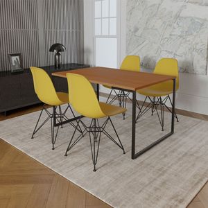 Mesa Industrial Base Ferro Preto Tampo 137X90 Canela 4 Cadeiras Ferro Preto Assento Amarelo