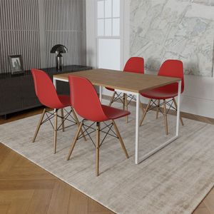 Mesa Industrial Base Ferro Branco 137X90 Tampo Amêndoa 4 Cadeiras Eiffel Madeira Assento Vermelho