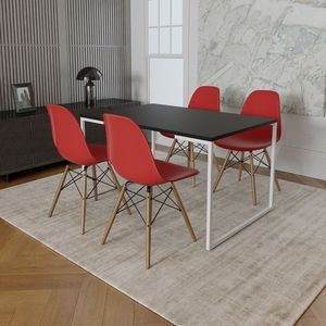 Mesa Industrial Base Ferro Branco 137X90 Tampo Preto 4 Cadeiras Eiffel Madeira Assento Vermelho