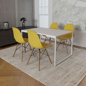 Mesa Industrial Base Ferro Branco 137X90 Tampo Branco 4 Cadeiras Eiffel Madeira Assento Amarelo