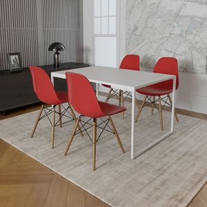 Mesa Industrial Base Ferro Branco 137X90 Tampo Branco 4 Cadeiras Eiffel Madeira Assento Vermelho