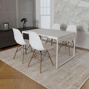 Mesa Industrial Base Ferro Branco 137X90 Tampo Branco 4 Cadeiras Eiffel Madeira Assento Branco