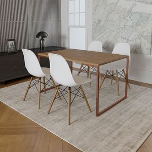 Mesa Industrial Base Ferro Cobre 137X90 Tampo Amêndoa 4 Cadeiras Eiffel Madeira Assento Branco