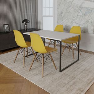 Mesa Industrial Base De Ferro Preto 137X90 Tampo Branco 4 Cadeiras Eiffel Madeira Assento Amarelo