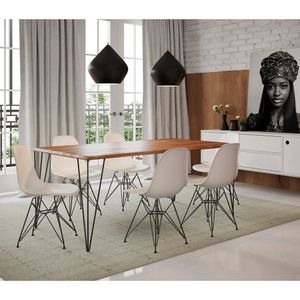 Conjunto De Mesa De Ferro Preto Tampo Amêndoa 135X75 6 Cadeiras Preta Assento Branco