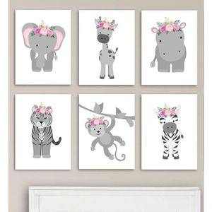 Quadro Infantil Safari Rosa 6 Un A4 Vidro E Pendurador