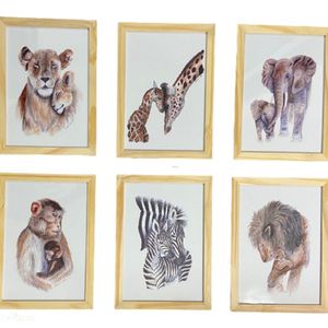 Quadro Infantil Safari 6 Un A4 Vidro E Pendurador