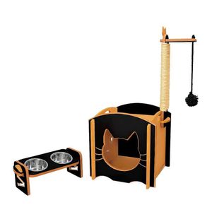 Casinha De Gato Com Arranhador + Comedouro Tudo De Encaixe Preto Acabamento Fosco