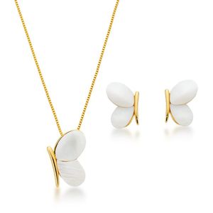Conjunto Colar E Brincos Borboleta Madrepérola Banhada Ouro 18k