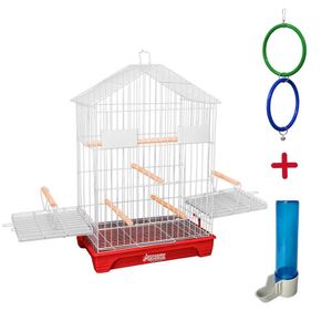 Kit Gaiola Duplex Calopsita Bebedouro Brinquedo Argola Dupla Vermelho