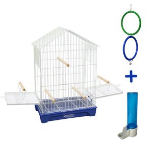 Kit Gaiola Duplex Calopsita Bebedouro Brinquedo Argola Dupla Azul