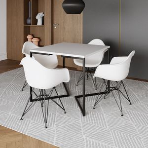 Mesa Industrial Jantar Quadrada Branca 90Cm Base V Com 4 Poltronas Brancas Ferro Preto Branco