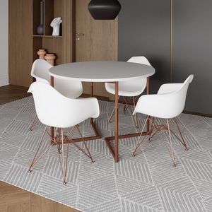 Mesa Industrial Jantar Branca 110Cm Redonda Base V Com 4 Poltronas Brancas Base Cobre Branco