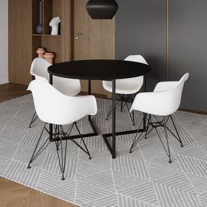 Mesa Industrial Jantar Redonda 110Cm Preta Base V Com 4 Poltronas Brancas Eames Daw Ferro Preto