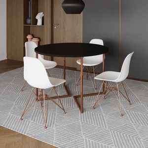 Mesa Industrial Jantar Redonda Preta 110Cm Base V Com 4 Cadeiras Eames Brancas Base Cobre Preto