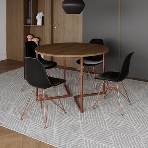 Mesa Industrial Jantar Redonda Amêndoa 110Cm Base V Com 4 Cadeiras Eames Pretas Base Cobre Amendoa