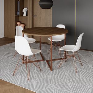 Mesa Industrial Jantar Redonda Amêndoa 110Cm Base V Com 4 Cadeiras Eames Brancas Base Cobre Amendoa