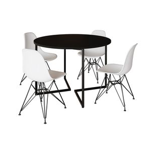 Mesa Industrial Jantar Redonda Preta 110Cm Base V Com 4 Cadeiras Eames Brancas Ferro Preto Preto