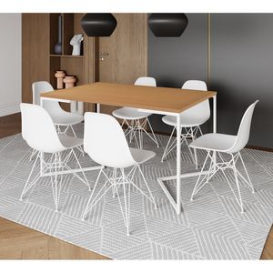 Mesa Industrial Jantar Retangular 137X90Cm Canela Base V Com 6 Cadeiras Brancas Ferro B Canela