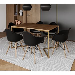 Mesa Jantar Industrial Amêndoa 137X90Cm Base V Dourada C/6 Poltronas Daw Madeira Pret Cor: Amendoa