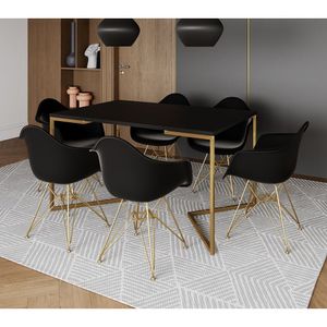 Mesa Jantar Industrial Preta 137X90Cm Base V Com 6 Poltronas Daw Pretas Base Dourada Cor: Preto