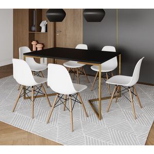 Mesa Jantar Industrial Retangular 137X90Cm Preta Base V Dourada Com 6 Cadeiras Madeira Cor: Preto