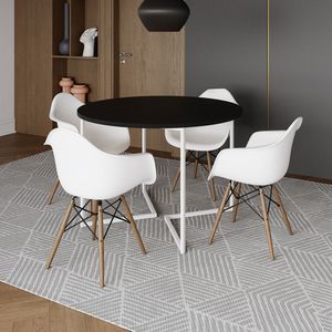 Mesa Jantar Industrial Preta 110Cm Redonda Base V Ferro Branco C/4 Poltronas Brancas Madeir Preto