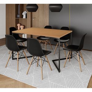Mesa Jantar Industrial Retangular Canela 137X90Cm Base V Ferro Preto C/6 Cadeiras Preta Made Canela