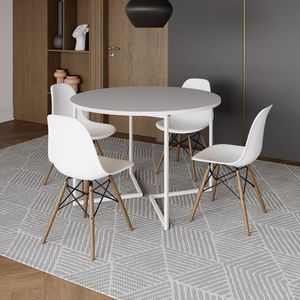 Mesa Jantar Industrial Redonda 110Cm Branca Base V Ferro Branco C/4 Cadeiras Branca Base Mad Branco