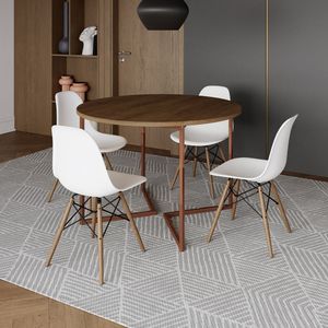Mesa Jantar Industrial Redonda 110Cm Amêndoa Base V Cobre C/4 Cadeiras Branca Base Madeira Amendoa