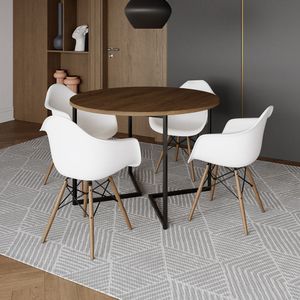 Mesa Jantar Industrial Amêndoa 110Cm Redonda Base V Ferro Preto C/4 Poltronas Brancas Madei Amendoa