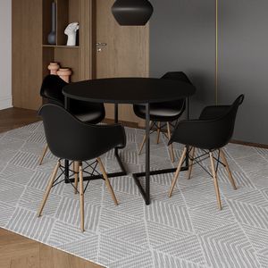 Mesa Jantar Industrial Preta 110Cm Redonda Base V Ferro Preto C/4 Poltronas Pretas Madeira Preto