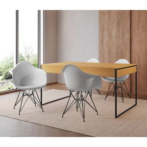Mesa Jantar Industrial Canela 137X90Cm Com 4 Poltronas Brancas Base Ferro Pr Cor: Canela